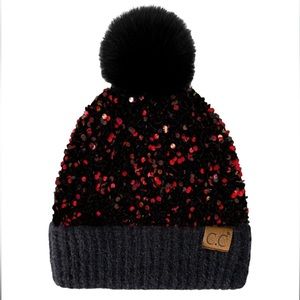 NWT Red Sequin Pom Beanie